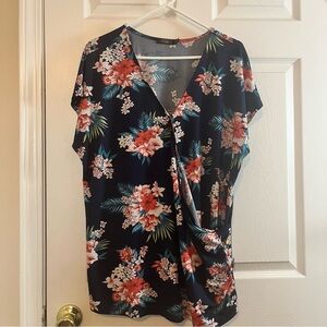 Faux Wrap 1X Short Sleeve Floral Blouse